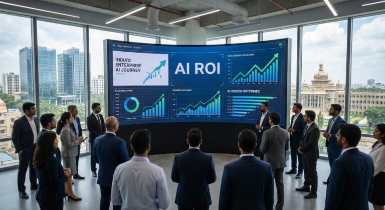 Business professionals attending a presentation on AI ROI displayed on a large digital screen in a modern conference room with city views.