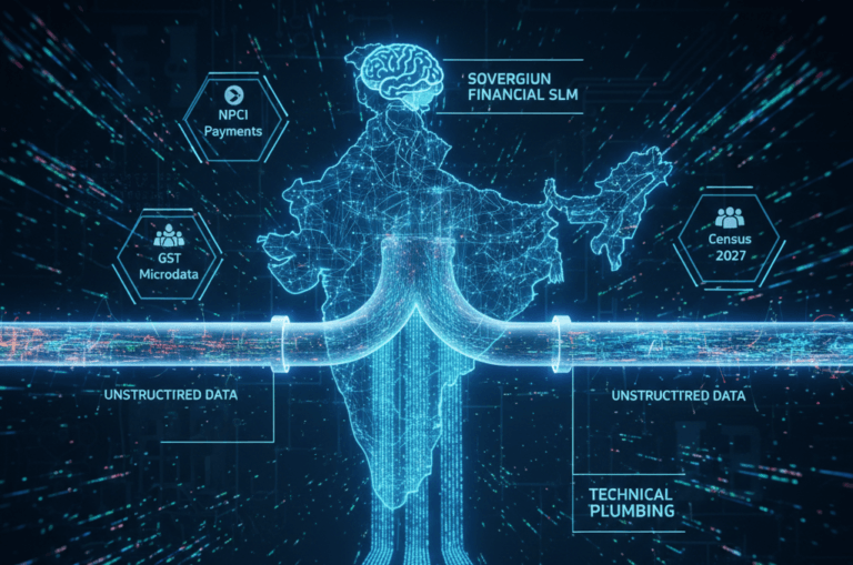 Digital illustration of India’s map integrated with data streams and AI graphics, highlighting financial and census datasets.