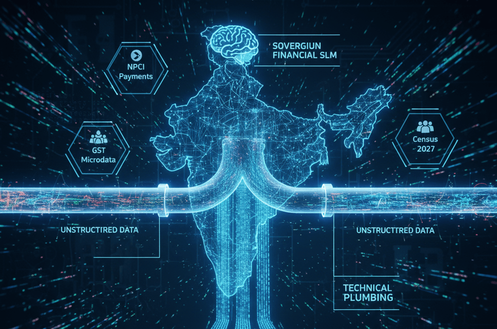 Digital illustration of India’s map integrated with data streams and AI graphics, highlighting financial and census datasets.