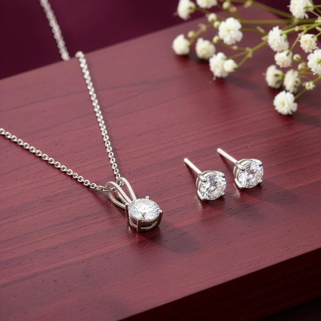 Silver necklace with a round solitaire pendant and matching stud earrings placed on a wooden surface.
